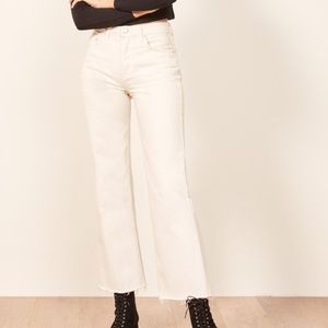 Reformation Fawcett Ivory High Waisted Straight Flare Leg Raw Hem Jeans
